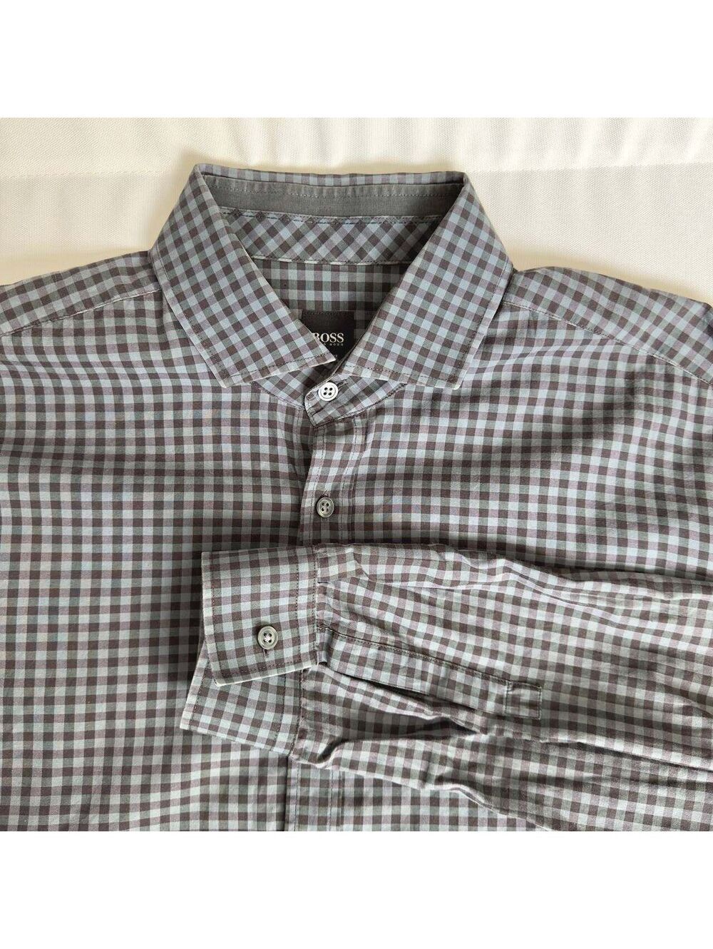 BOSS Hugo Boss Mens XL Long Sleeve Gray Gingham Check Slim Fit Dress Shirt